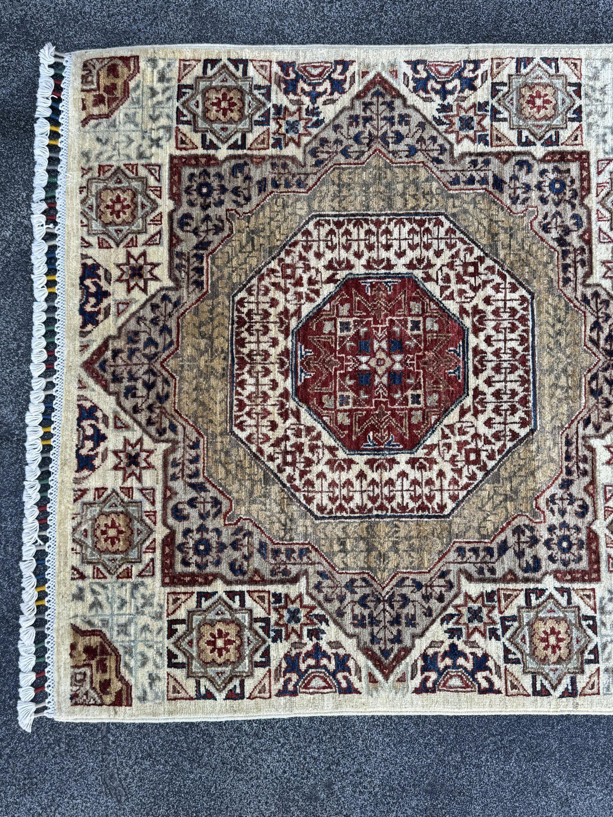 3x10 Handmade Afghan Wool Runner Rug | Cream and Rust Red Mamluk Medallion Hallway Runner | Olive and Navy | Hand-Knotted Fine Carpet