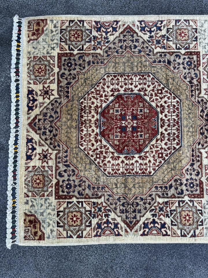 3x10 Handmade Afghan Wool Runner Rug | Cream and Rust Red Mamluk Medallion Hallway Runner | Olive and Navy | Hand-Knotted Fine Carpet