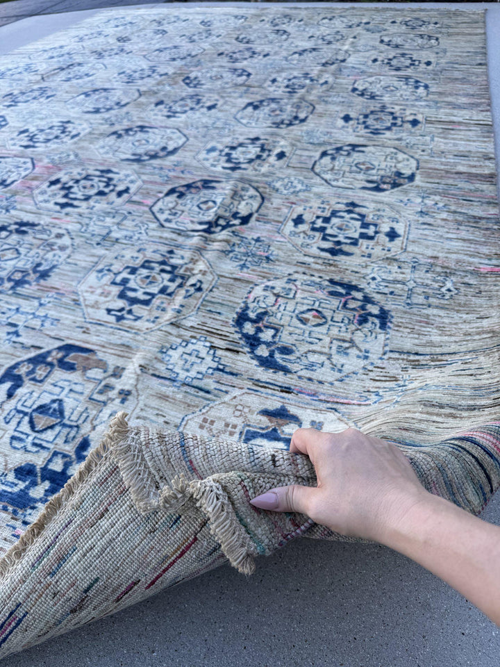 9x12 Handmade Afghan Wool Rug | Beige and Navy Blue Modern Tribal Geometric Area Rug | Striated Neutral with Blush Hints | Hand-Knotted