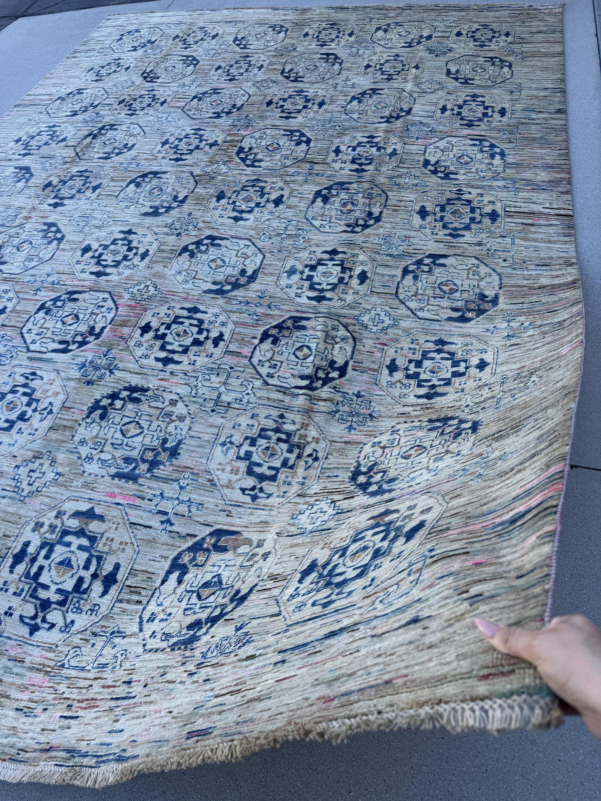 9x12 Handmade Afghan Wool Rug | Beige and Navy Blue Modern Tribal Geometric Area Rug | Striated Neutral with Blush Hints | Hand-Knotted