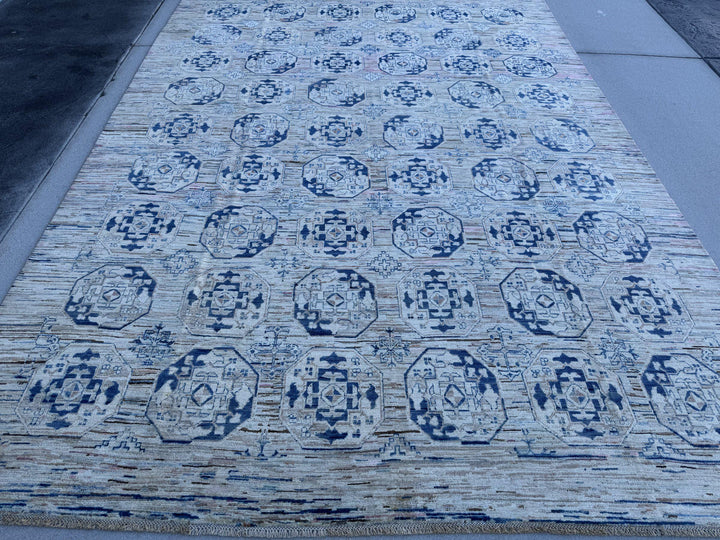 9x12 Handmade Afghan Wool Rug | Beige and Navy Blue Modern Tribal Geometric Area Rug | Striated Neutral with Blush Hints | Hand-Knotted
