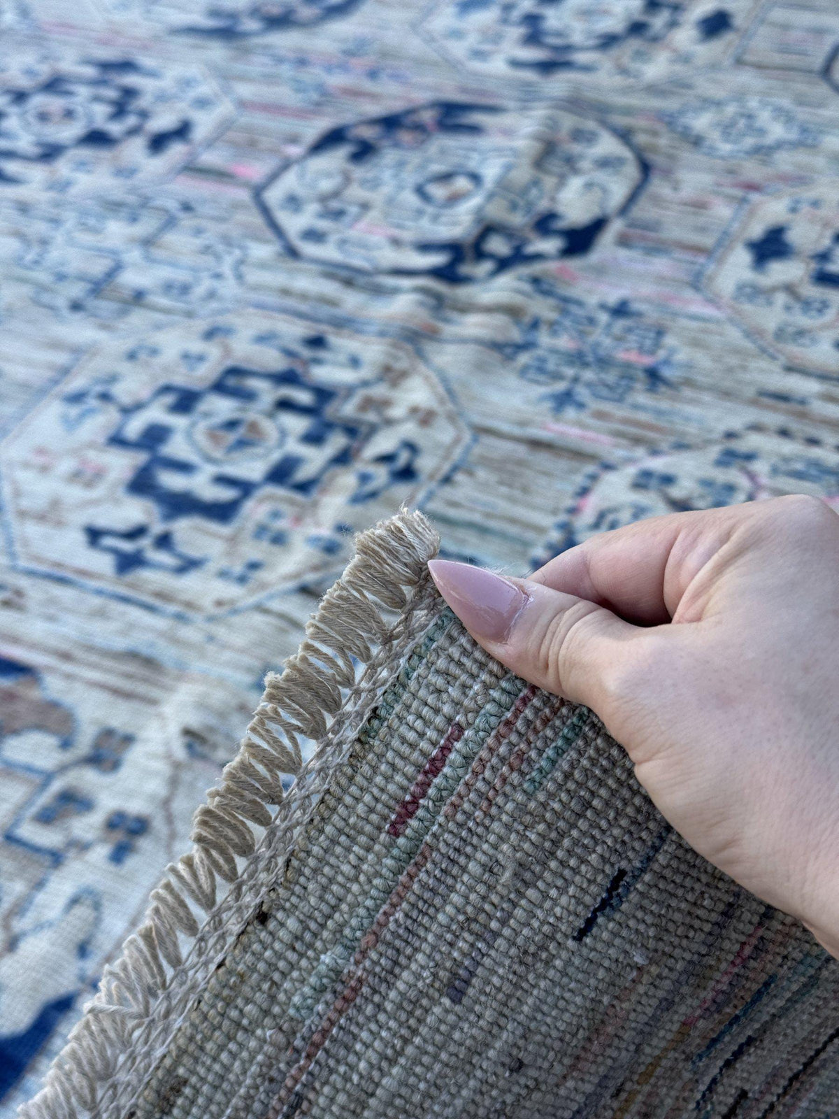 9x12 Handmade Afghan Wool Rug | Beige and Navy Blue Modern Tribal Geometric Area Rug | Striated Neutral with Blush Hints | Hand-Knotted