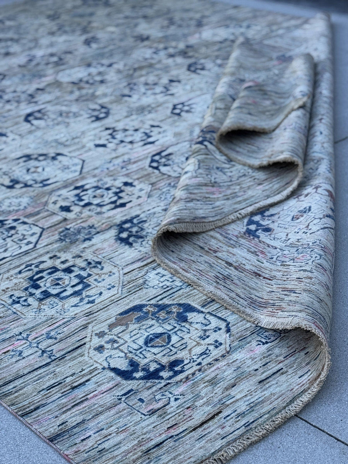9x12 Handmade Afghan Wool Rug | Beige and Navy Blue Modern Tribal Geometric Area Rug | Striated Neutral with Blush Hints | Hand-Knotted