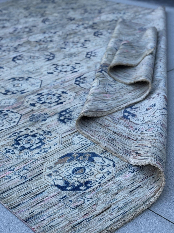 9x12 Handmade Afghan Wool Rug | Beige and Navy Blue Modern Tribal Geometric Area Rug | Striated Neutral with Blush Hints | Hand-Knotted