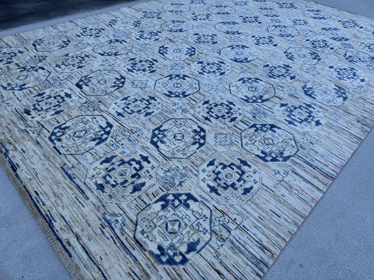 9x12 Handmade Afghan Wool Rug | Beige and Navy Blue Modern Tribal Geometric Area Rug | Striated Neutral with Blush Hints | Hand-Knotted