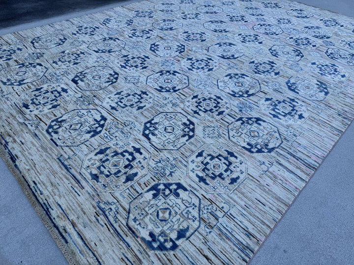 9x12 Handmade Afghan Wool Rug | Beige and Navy Blue Modern Tribal Geometric Area Rug | Striated Neutral with Blush Hints | Hand-Knotted