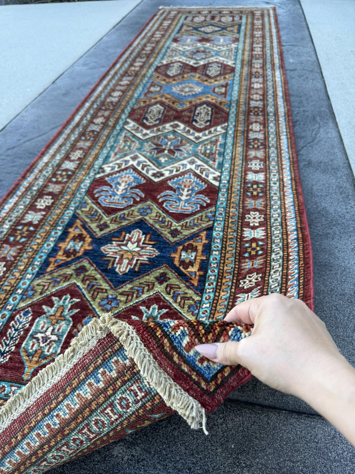 3x10 Handmade Afghan Wool Runner Rug | Brick Red and Turquoise Tribal Geometric Hallway Runner | Navy and Gold | Hand-Knotted Carpet