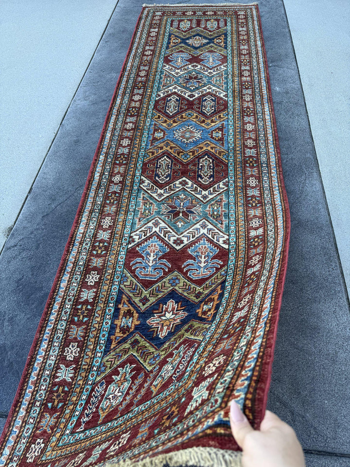 3x10 Handmade Afghan Wool Runner Rug | Brick Red and Turquoise Tribal Geometric Hallway Runner | Navy and Gold | Hand-Knotted Carpet