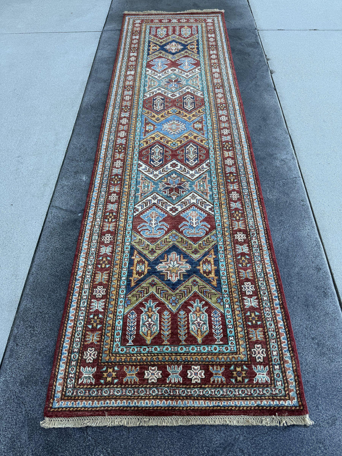 3x10 Handmade Afghan Wool Runner Rug | Brick Red and Turquoise Tribal Geometric Hallway Runner | Navy and Gold | Hand-Knotted Carpet