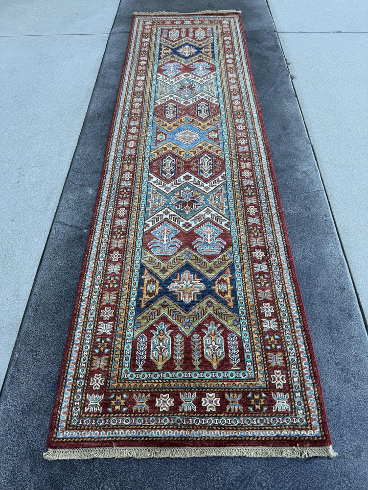 3x10 Handmade Afghan Wool Runner Rug | Brick Red and Turquoise Tribal Geometric Hallway Runner | Navy and Gold | Hand-Knotted Carpet
