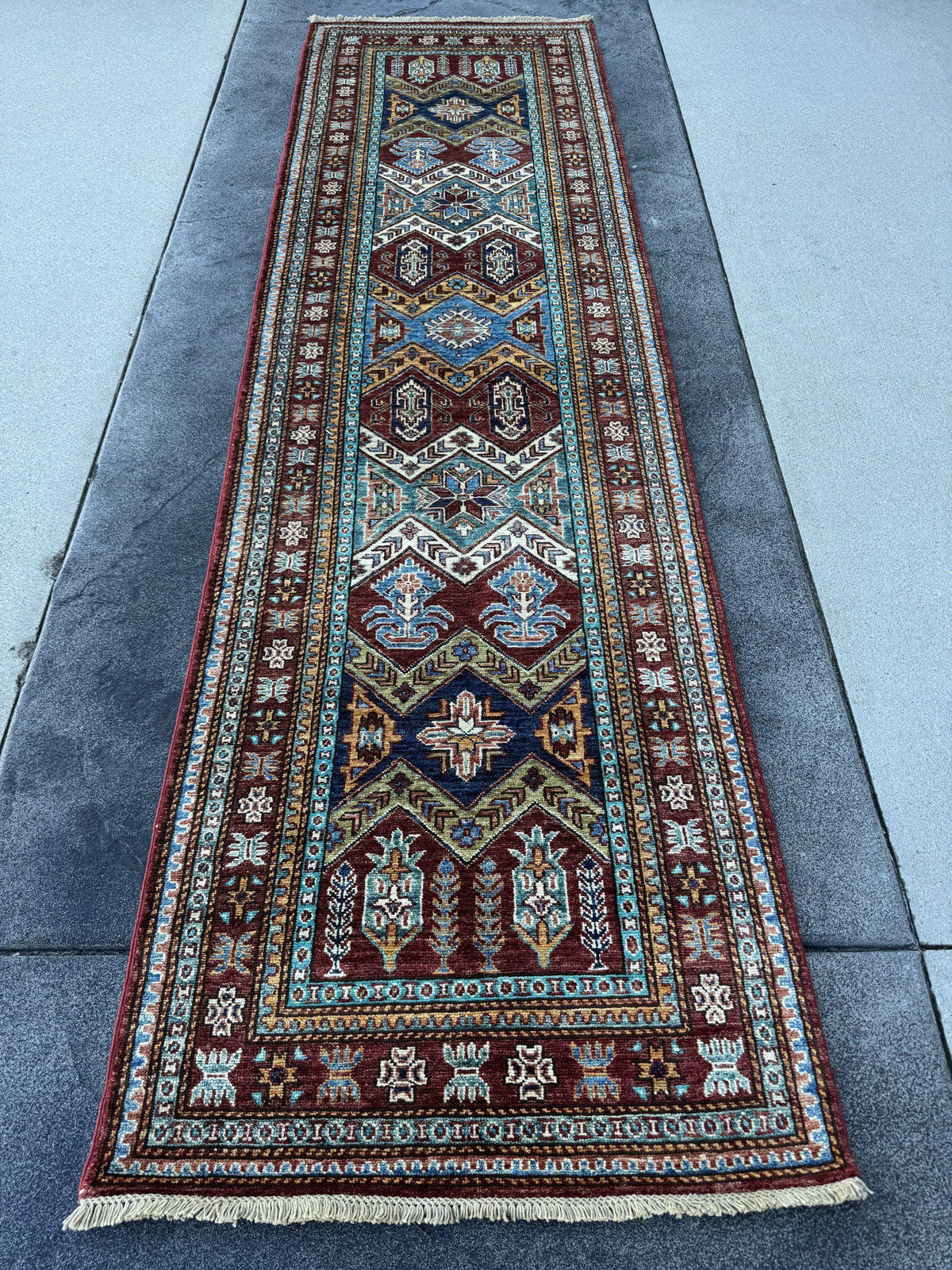 3x10 Handmade Afghan Wool Runner Rug | Brick Red and Turquoise Tribal Geometric Hallway Runner | Navy and Gold | Hand-Knotted Carpet