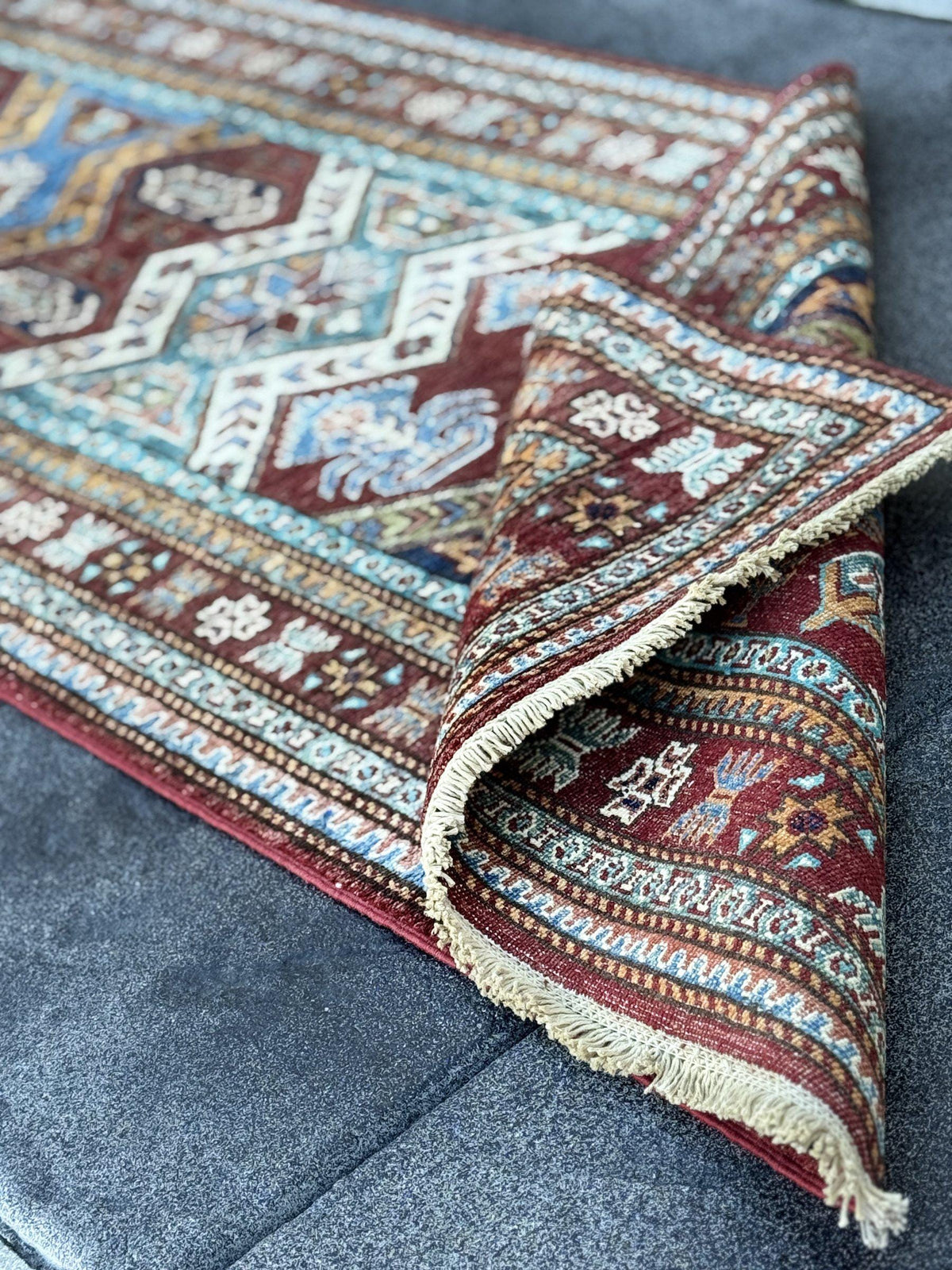 3x10 Handmade Afghan Wool Runner Rug | Brick Red and Turquoise Tribal Geometric Hallway Runner | Navy and Gold | Hand-Knotted Carpet