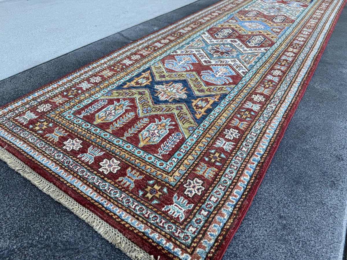 3x10 Handmade Afghan Wool Runner Rug | Brick Red and Turquoise Tribal Geometric Hallway Runner | Navy and Gold | Hand-Knotted Carpet