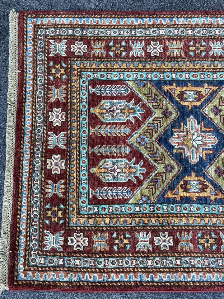 3x10 Handmade Afghan Wool Runner Rug | Brick Red and Turquoise Tribal Geometric Hallway Runner | Navy and Gold | Hand-Knotted Carpet