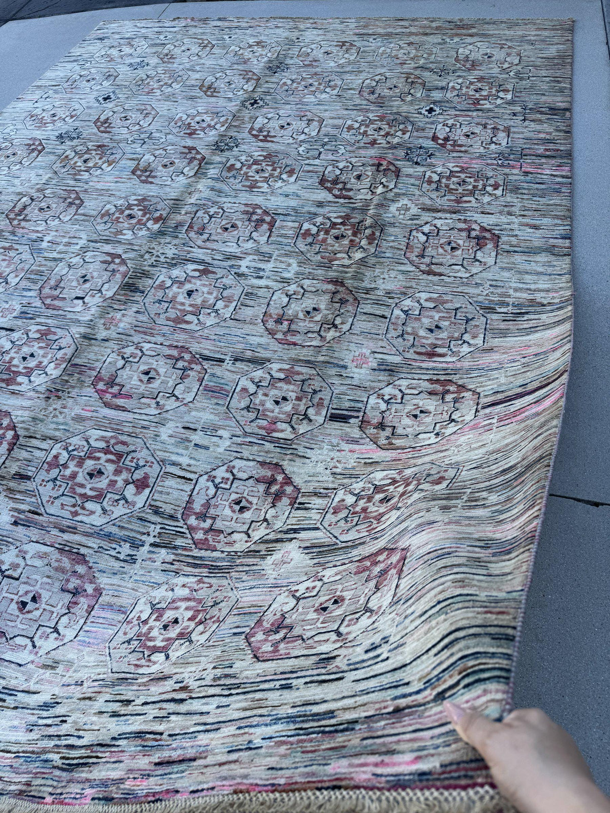 9x12 Handmade Afghan Wool Rug | Ivory and Blush Pink Modern Tribal Geometric Area Rug | Striated Pastel with Charcoal | Hand-Knotted