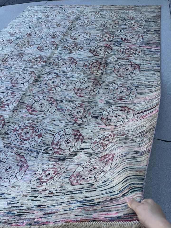9x12 Handmade Afghan Wool Rug | Ivory and Blush Pink Modern Tribal Geometric Area Rug | Striated Pastel with Charcoal | Hand-Knotted