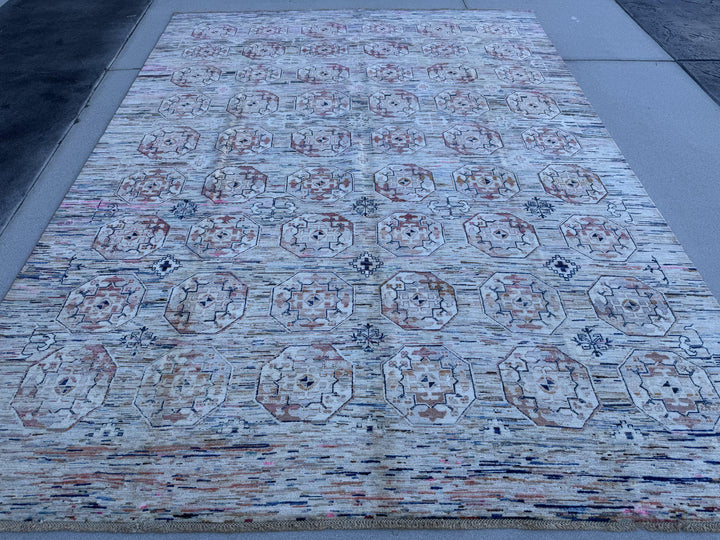 9x12 Handmade Afghan Wool Rug | Ivory and Blush Pink Modern Tribal Geometric Area Rug | Striated Pastel with Charcoal | Hand-Knotted