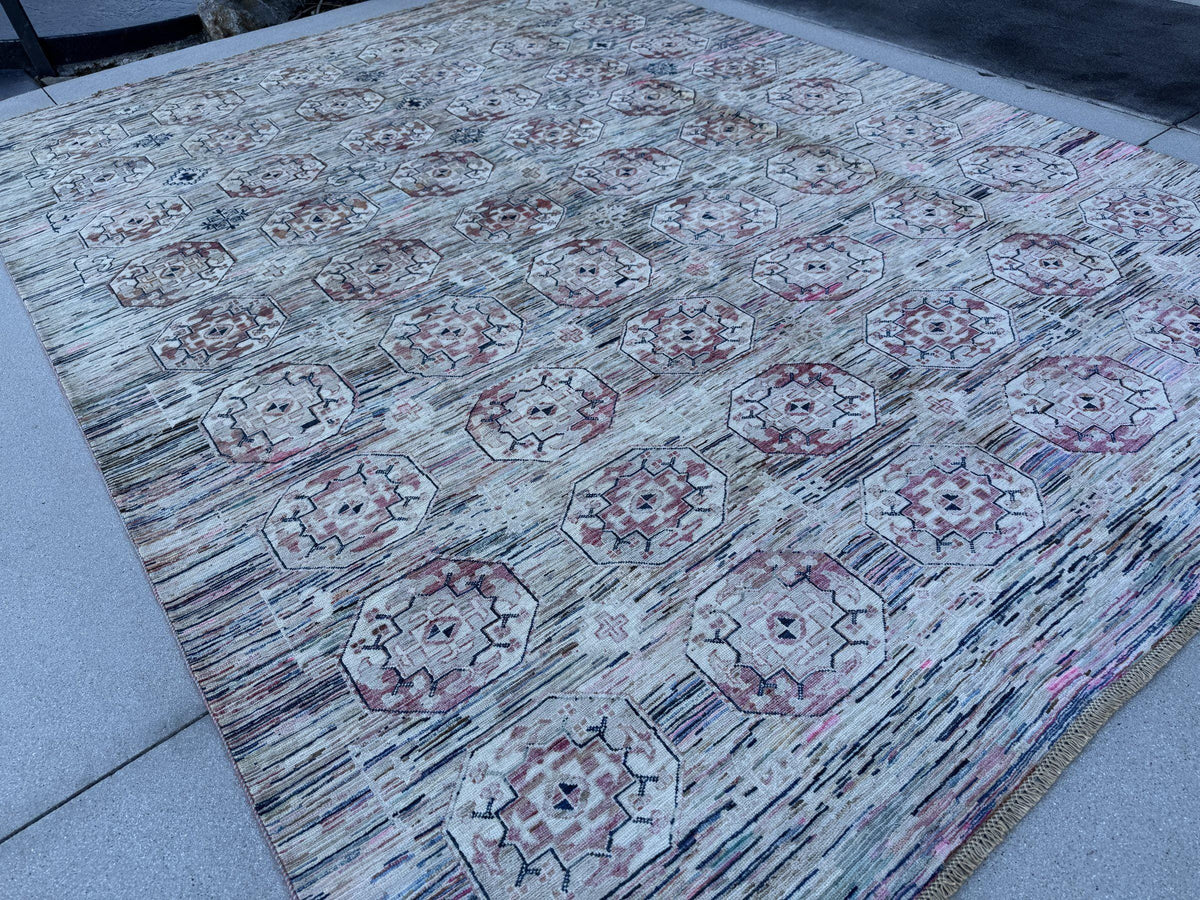 9x12 Handmade Afghan Wool Rug | Ivory and Blush Pink Modern Tribal Geometric Area Rug | Striated Pastel with Charcoal | Hand-Knotted