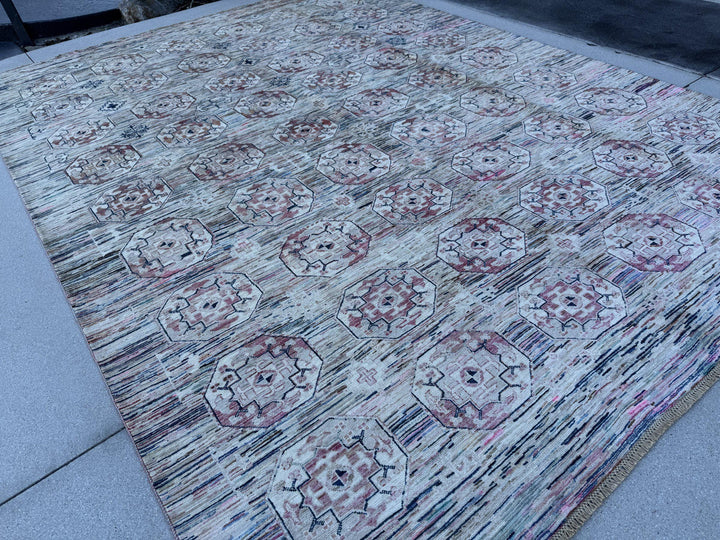 9x12 Handmade Afghan Wool Rug | Ivory and Blush Pink Modern Tribal Geometric Area Rug | Striated Pastel with Charcoal | Hand-Knotted