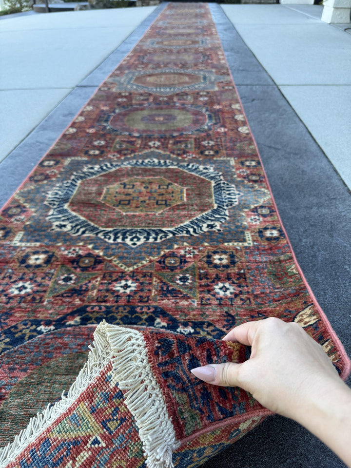 3x29 Handmade Afghan Wool Runner Rug | Extra Long Coral Red Mamluk Medallion Hallway Runner | Navy and Denim Blue | Hand-Knotted Carpet