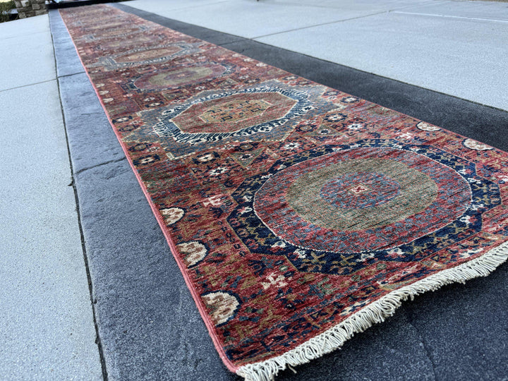 3x29 Handmade Afghan Wool Runner Rug | Extra Long Coral Red Mamluk Medallion Hallway Runner | Navy and Denim Blue | Hand-Knotted Carpet