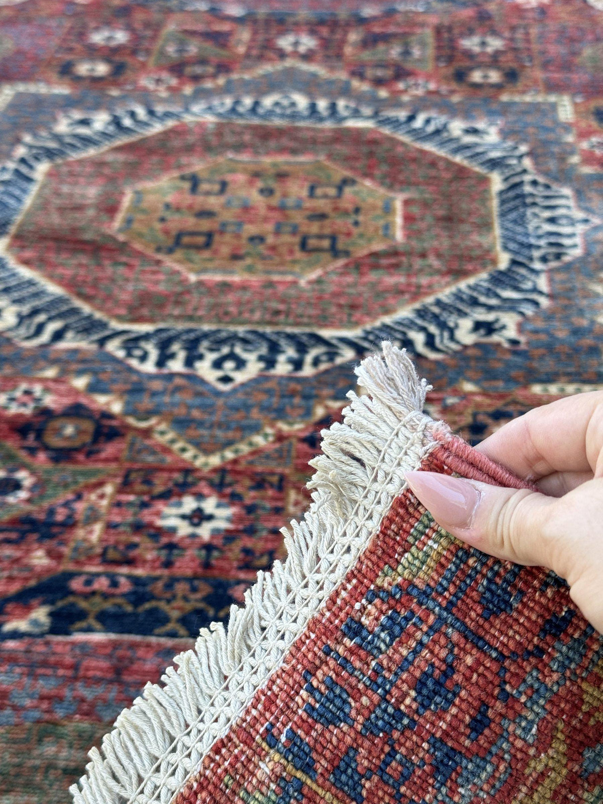 3x29 Handmade Afghan Wool Runner Rug | Extra Long Coral Red Mamluk Medallion Hallway Runner | Navy and Denim Blue | Hand-Knotted Carpet