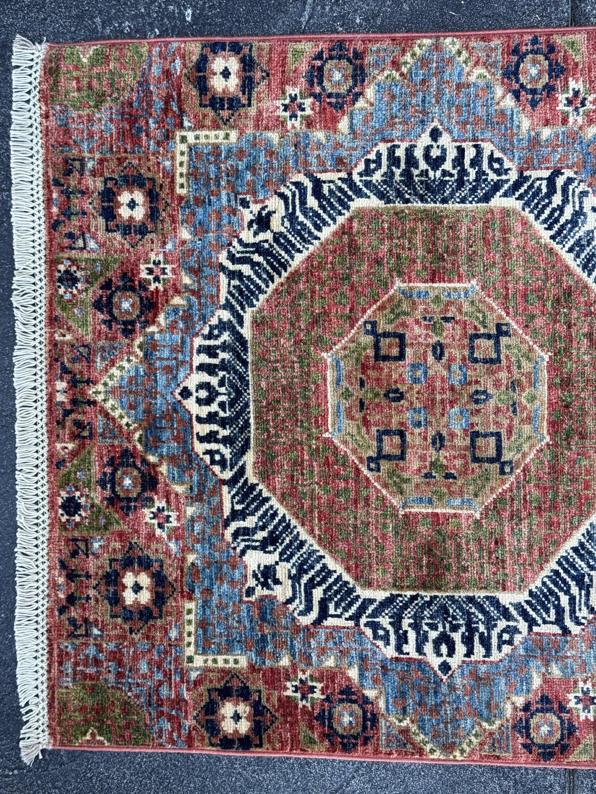 3x29 Handmade Afghan Wool Runner Rug | Extra Long Coral Red Mamluk Medallion Hallway Runner | Navy and Denim Blue | Hand-Knotted Carpet