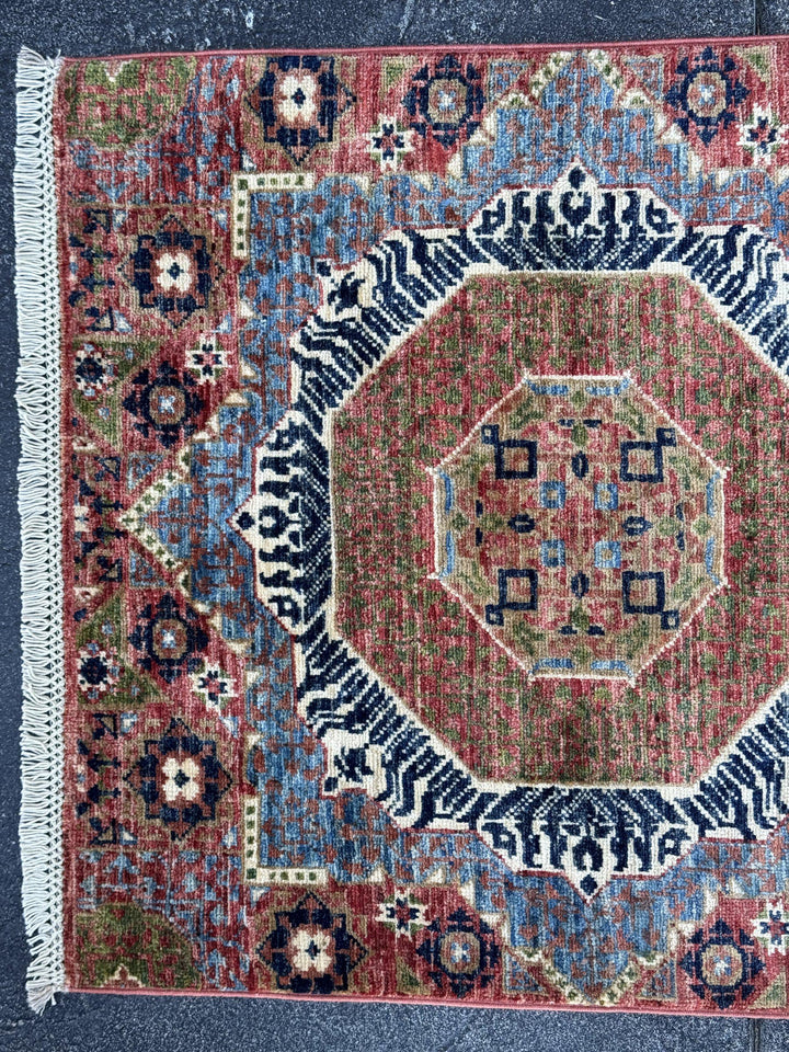 3x29 Handmade Afghan Wool Runner Rug | Extra Long Coral Red Mamluk Medallion Hallway Runner | Navy and Denim Blue | Hand-Knotted Carpet