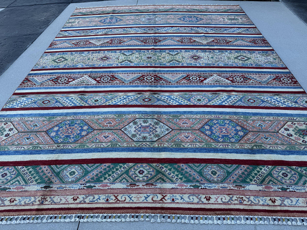 9x11 Handmade Afghan Wool Rug | Colorful Striped Tribal Area Rug in Salmon Pink, Blue and Green | Hand-Knotted Boho Geometric Carpet