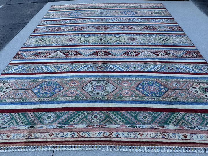 9x11 Handmade Afghan Wool Rug | Colorful Striped Tribal Area Rug in Salmon Pink, Blue and Green | Hand-Knotted Boho Geometric Carpet