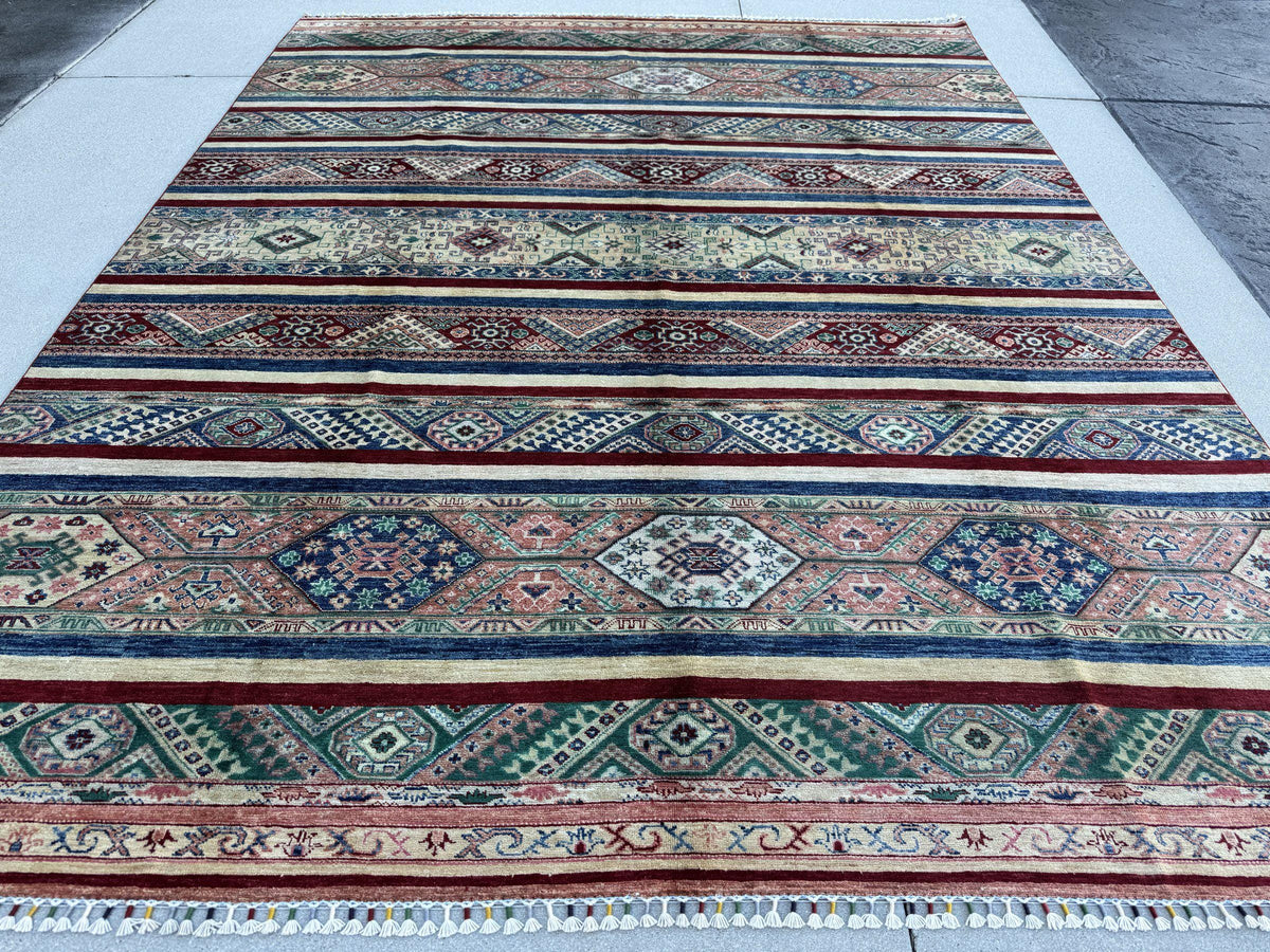 9x11 Handmade Afghan Wool Rug | Colorful Striped Tribal Area Rug in Salmon Pink, Blue and Green | Hand-Knotted Boho Geometric Carpet