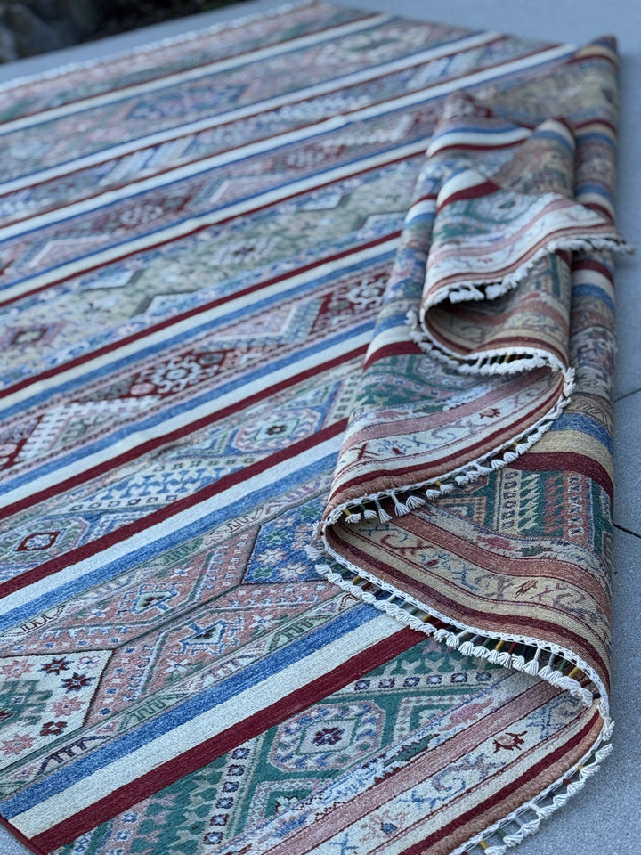9x11 Handmade Afghan Wool Rug | Colorful Striped Tribal Area Rug in Salmon Pink, Blue and Green | Hand-Knotted Boho Geometric Carpet