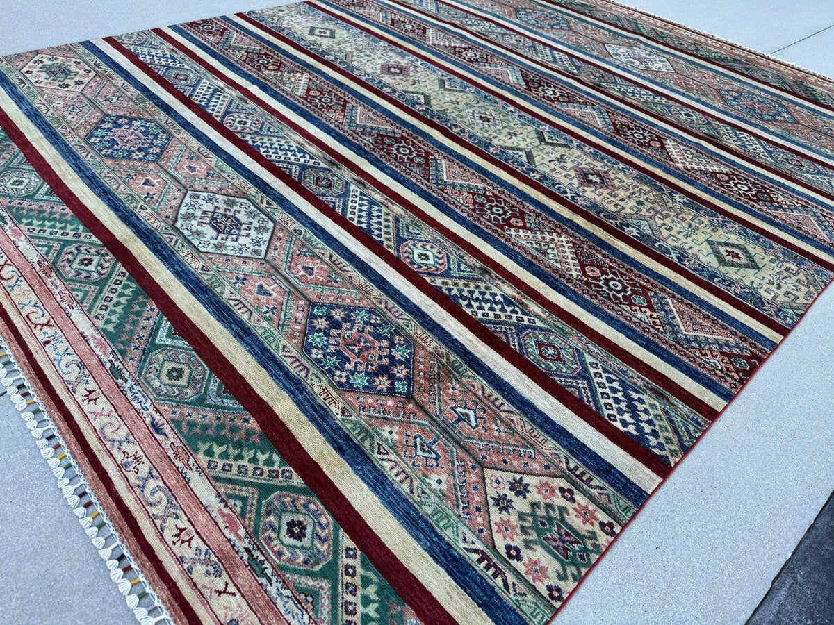 9x11 Handmade Afghan Wool Rug | Colorful Striped Tribal Area Rug in Salmon Pink, Blue and Green | Hand-Knotted Boho Geometric Carpet