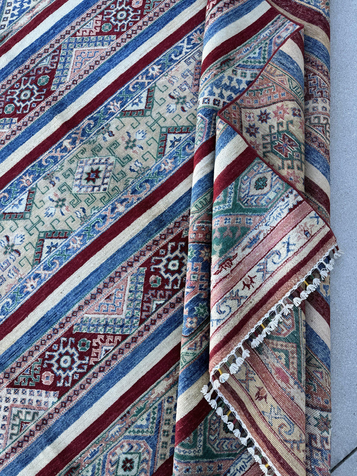 9x11 Handmade Afghan Wool Rug | Colorful Striped Tribal Area Rug in Salmon Pink, Blue and Green | Hand-Knotted Boho Geometric Carpet
