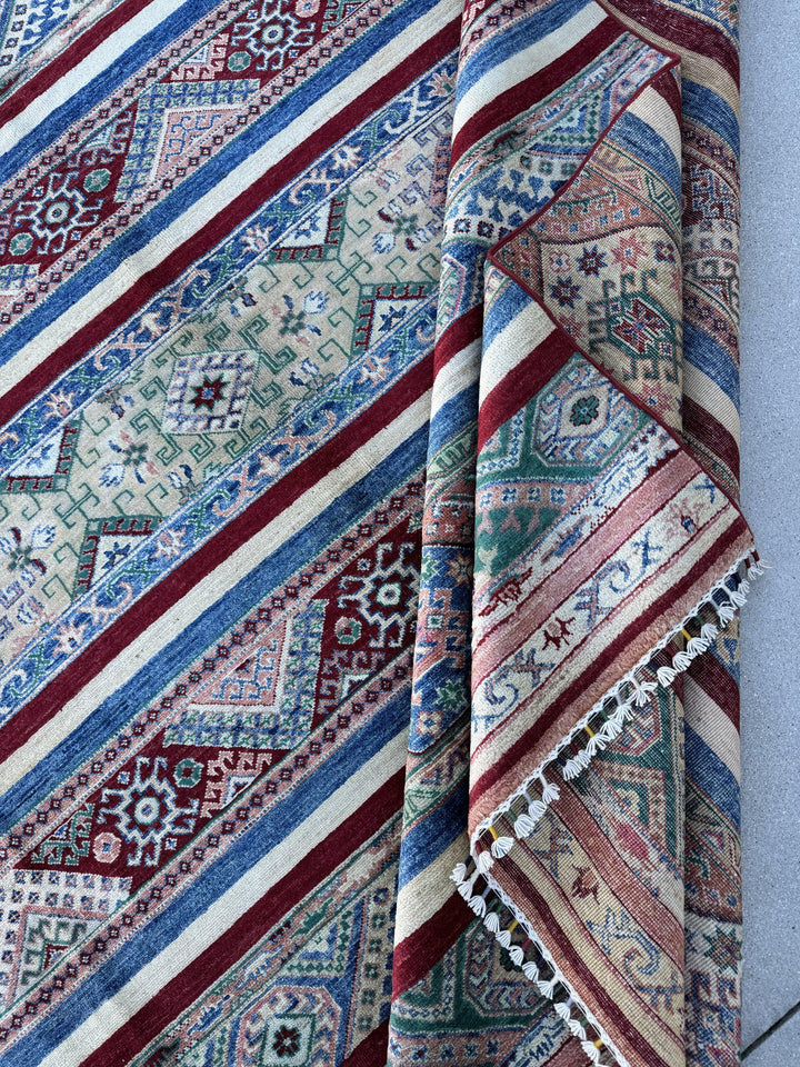9x11 Handmade Afghan Wool Rug | Colorful Striped Tribal Area Rug in Salmon Pink, Blue and Green | Hand-Knotted Boho Geometric Carpet