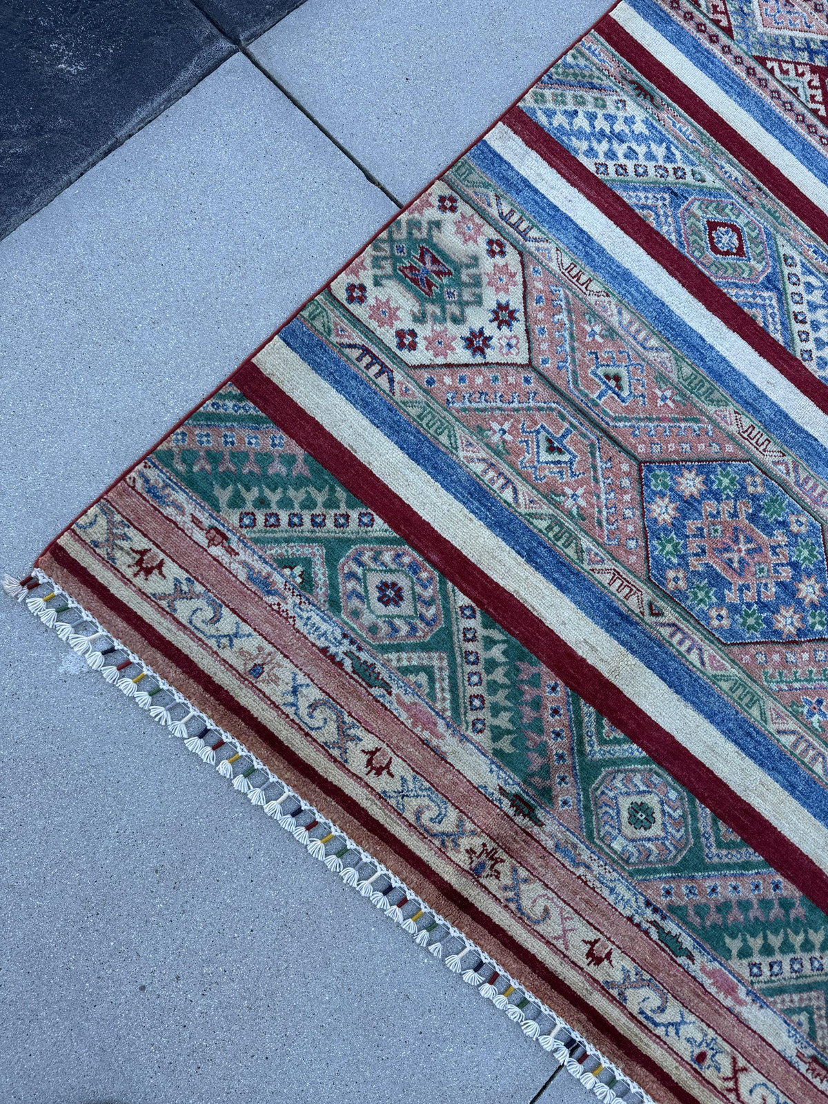 9x11 Handmade Afghan Wool Rug | Colorful Striped Tribal Area Rug in Salmon Pink, Blue and Green | Hand-Knotted Boho Geometric Carpet