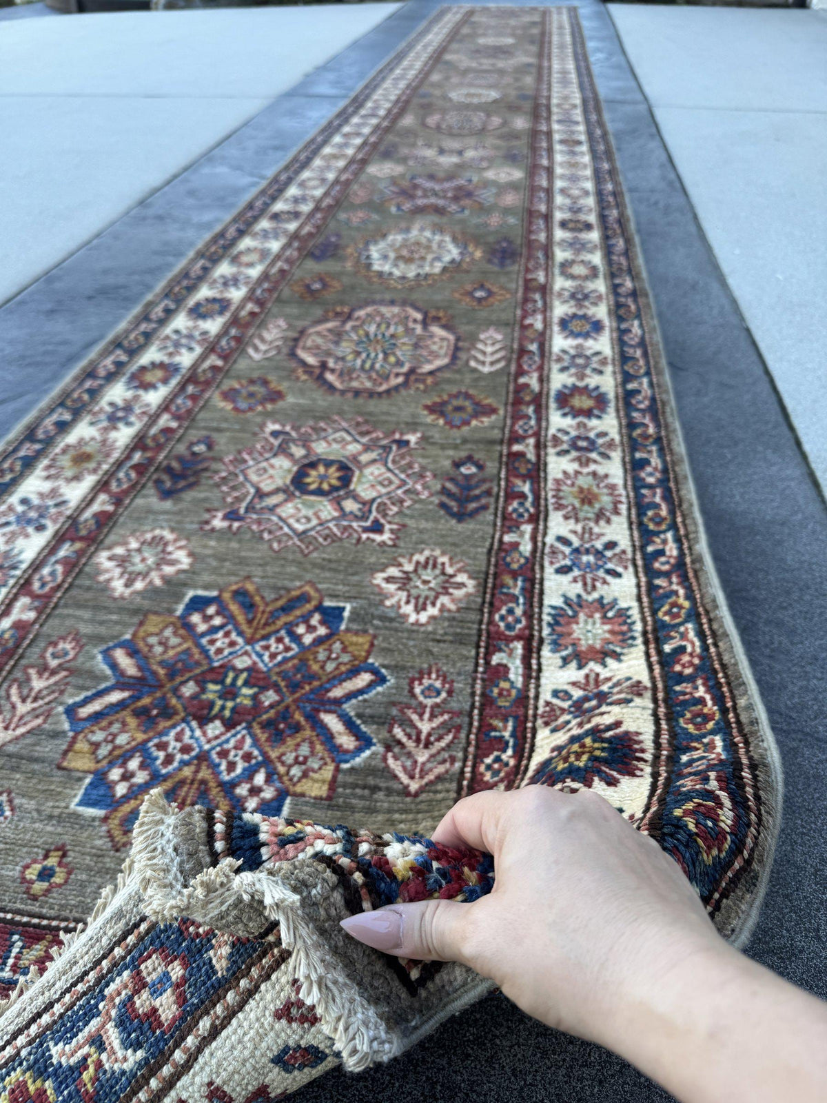 3x19 Handmade Afghan Wool Runner Rug | Extra Long Olive Green Tribal Geometric Hallway Runner | Ivory and Navy Border | Hand-Knotted