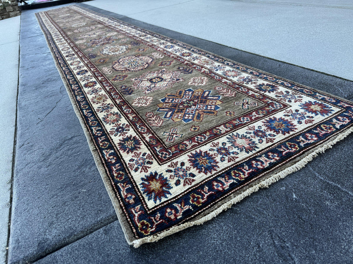 3x19 Handmade Afghan Wool Runner Rug | Extra Long Olive Green Tribal Geometric Hallway Runner | Ivory and Navy Border | Hand-Knotted