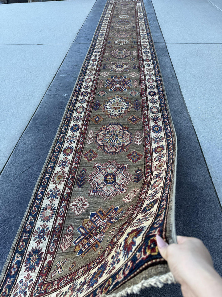 3x19 Handmade Afghan Wool Runner Rug | Extra Long Olive Green Tribal Geometric Hallway Runner | Ivory and Navy Border | Hand-Knotted