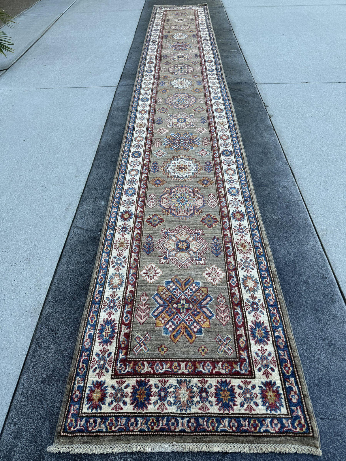 3x19 Handmade Afghan Wool Runner Rug | Extra Long Olive Green Tribal Geometric Hallway Runner | Ivory and Navy Border | Hand-Knotted