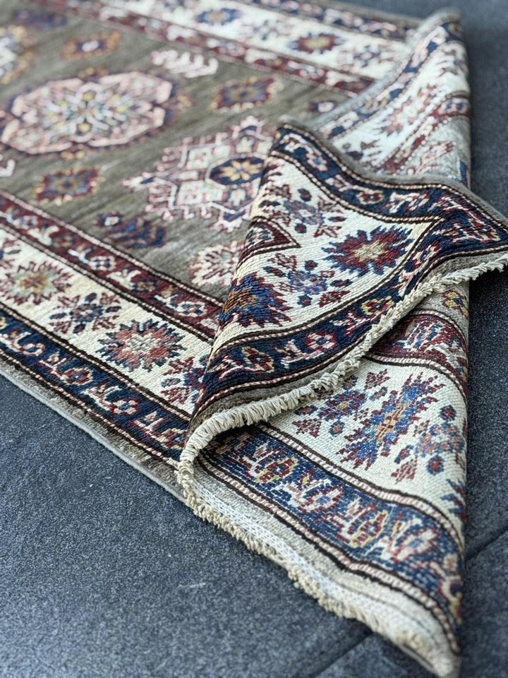 3x19 Handmade Afghan Wool Runner Rug | Extra Long Olive Green Tribal Geometric Hallway Runner | Ivory and Navy Border | Hand-Knotted