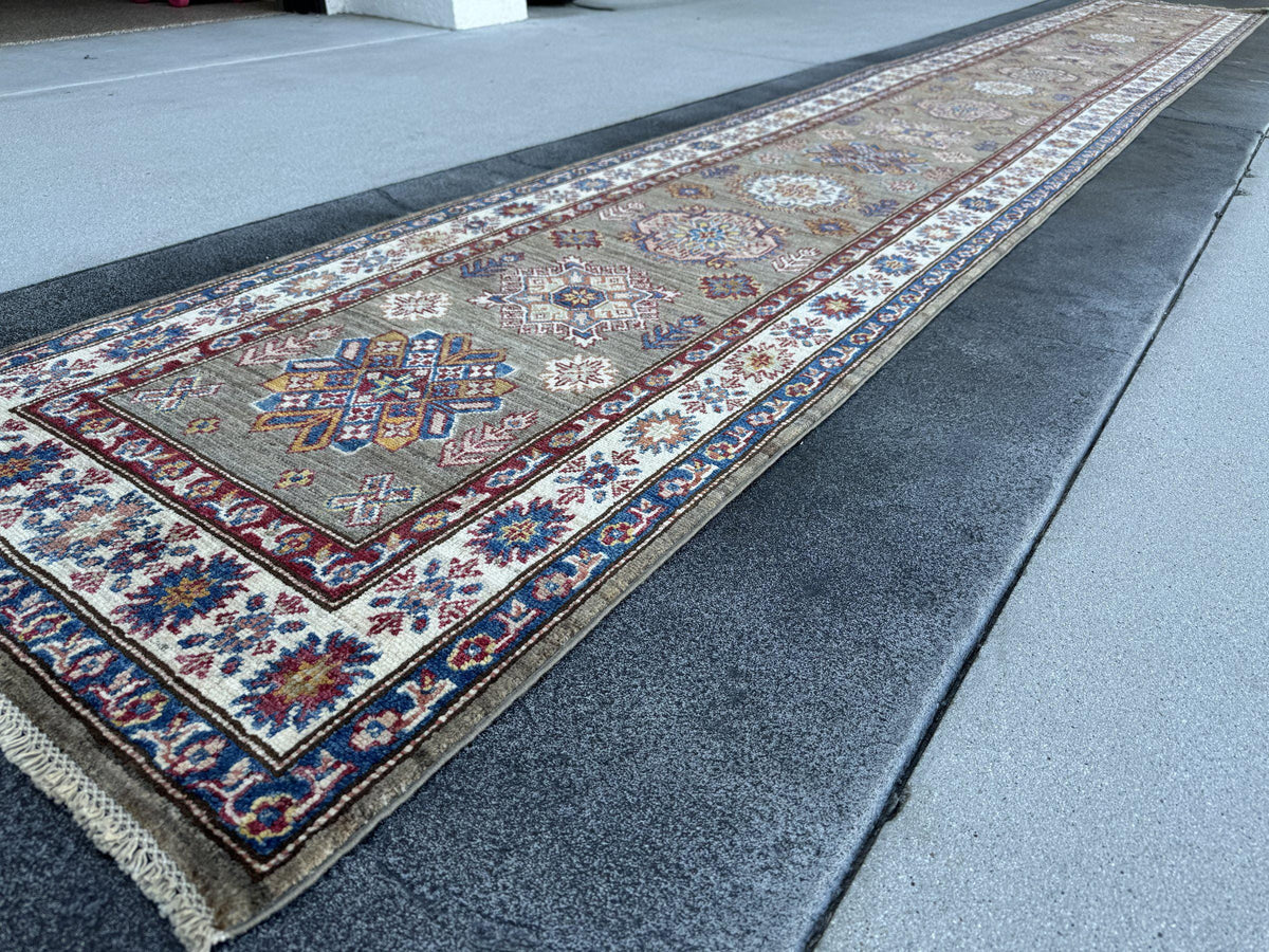 3x19 Handmade Afghan Wool Runner Rug | Extra Long Olive Green Tribal Geometric Hallway Runner | Ivory and Navy Border | Hand-Knotted