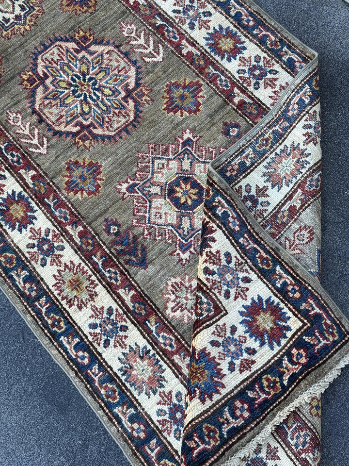 3x19 Handmade Afghan Wool Runner Rug | Extra Long Olive Green Tribal Geometric Hallway Runner | Ivory and Navy Border | Hand-Knotted