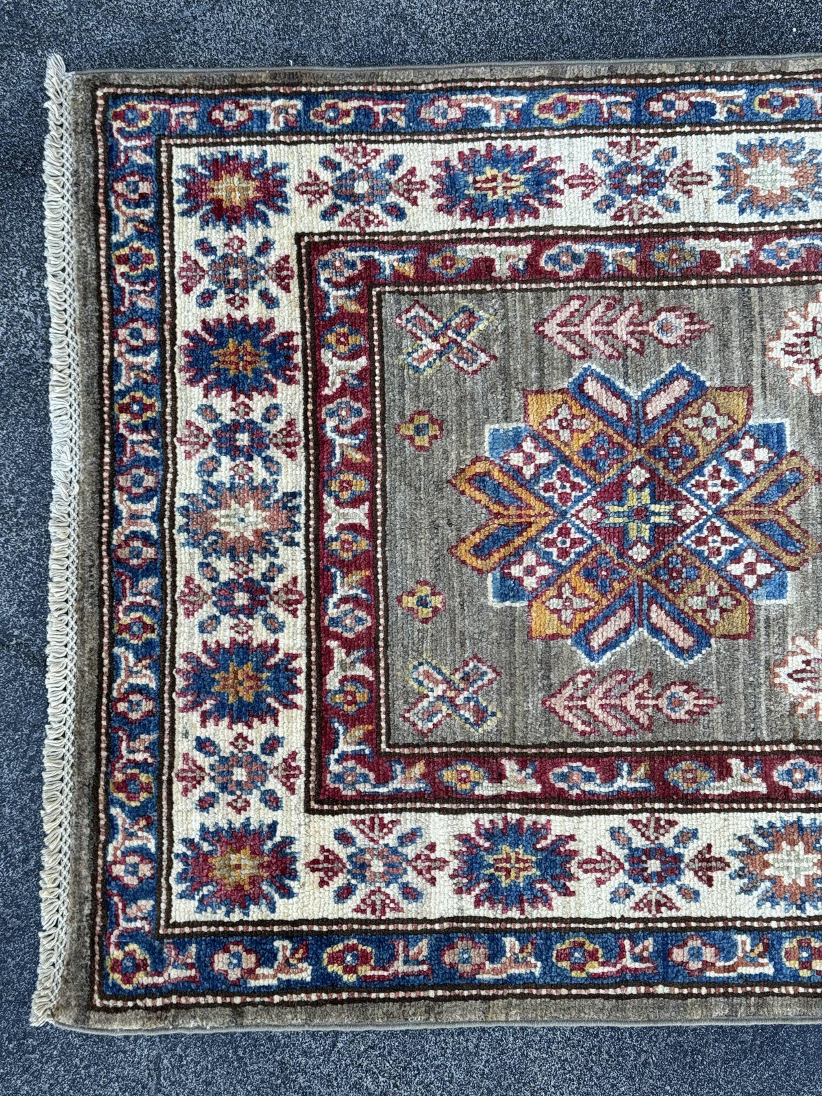 3x19 Handmade Afghan Wool Runner Rug | Extra Long Olive Green Tribal Geometric Hallway Runner | Ivory and Navy Border | Hand-Knotted