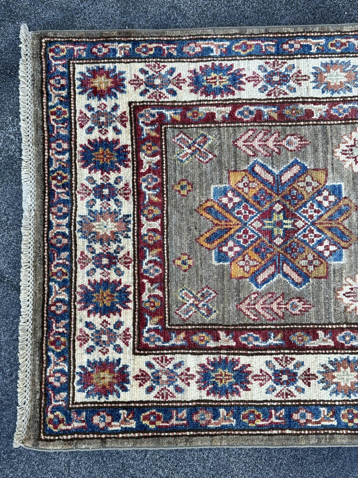 3x19 Handmade Afghan Wool Runner Rug | Extra Long Olive Green Tribal Geometric Hallway Runner | Ivory and Navy Border | Hand-Knotted