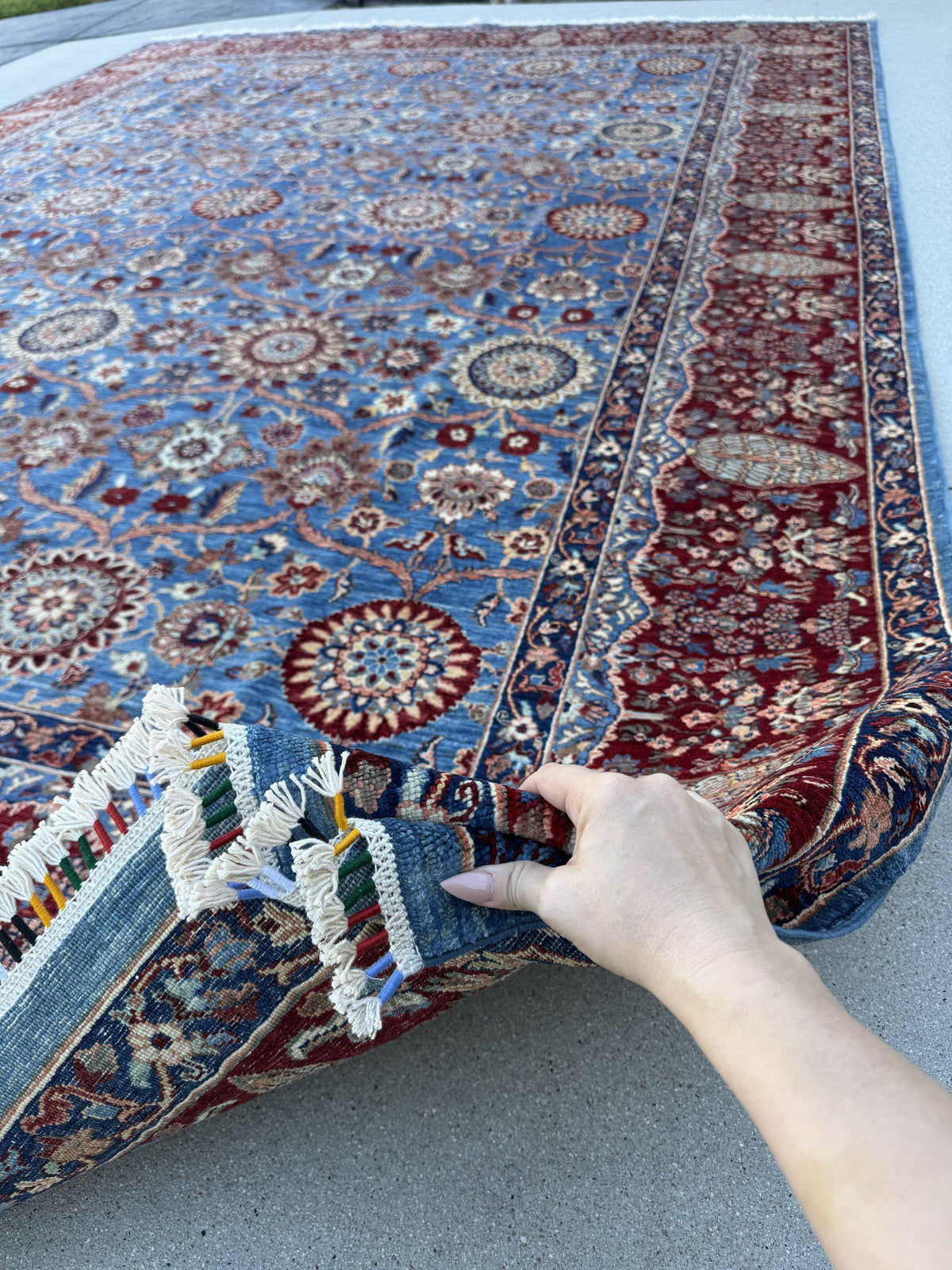 9x12 Handmade Afghan Wool Rug | Sky Blue Floral Rosette Area Rug with Crimson Red Border | Navy and Ivory | Hand-Knotted Fine Carpet