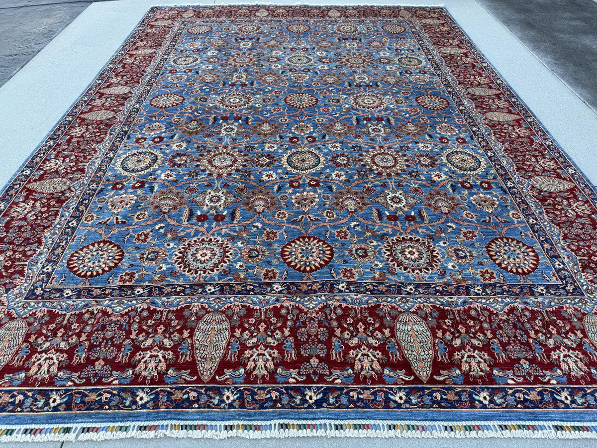 9x12 Handmade Afghan Wool Rug | Sky Blue Floral Rosette Area Rug with Crimson Red Border | Navy and Ivory | Hand-Knotted Fine Carpet