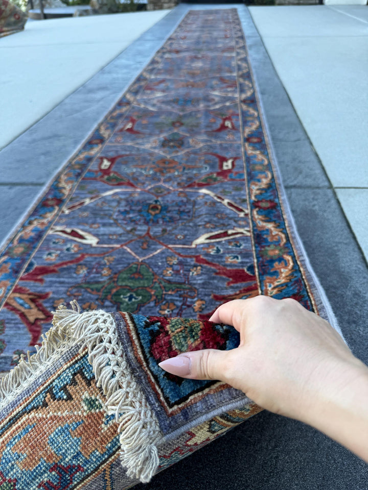 3x22 Handmade Afghan Wool Runner Rug | Blue Floral Hallway Rug | Hand-Knotted Traditional Long Runner