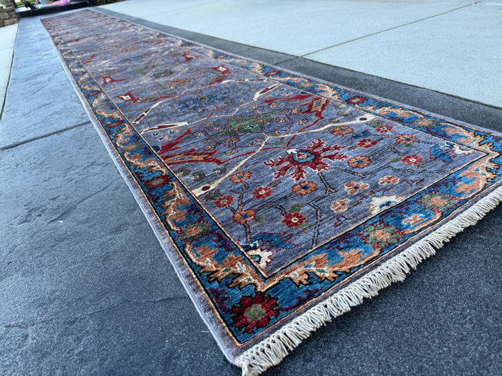 3x22 Handmade Afghan Wool Runner Rug | Blue Floral Hallway Rug | Hand-Knotted Traditional Long Runner