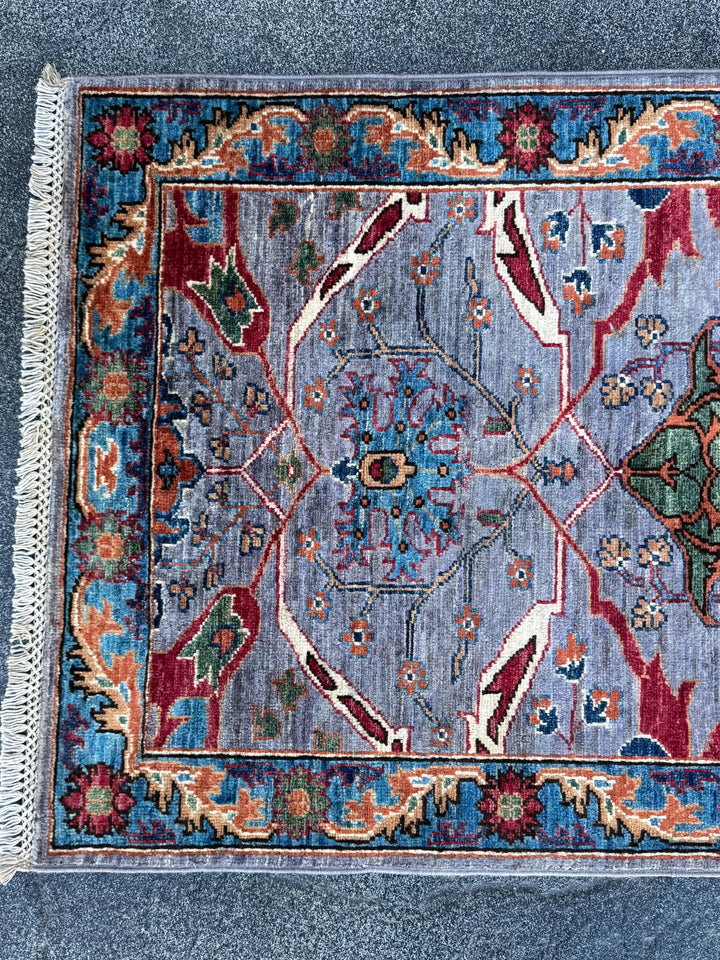 3x22 Handmade Afghan Wool Runner Rug | Blue Floral Hallway Rug | Hand-Knotted Traditional Long Runner